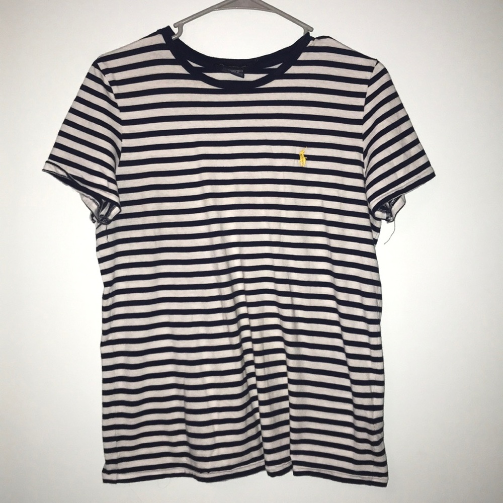 Blue and white striped polo t-shirt